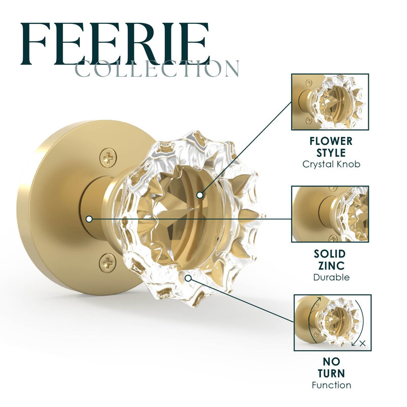 Mega Handles Feerie Crystal Dummy Knob - lot de 2 - Bouton anti-rotation pour porte d'entrée / garde-robe et portes françaises, un côté - Laiton satiné