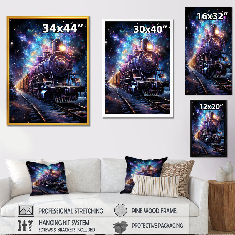 Voyage en train mauve au clair de lune - train, art mural, Cadre doré simple, H 44 po x l 34 po x P 1,5 po