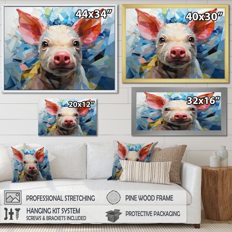 «Pink Curious Piglet», reproduction géométrique sur toile, H 16 po x l 32 po x P 1 po, Cadre flottant blanc