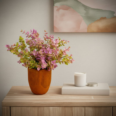 Eucalyptus artificiel vert et rose 10 po dans un pot cylindrique en bois brun