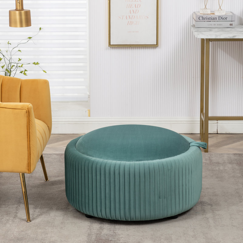 Savinien Upholstered Round Storage Ottoman, Teal Velvet