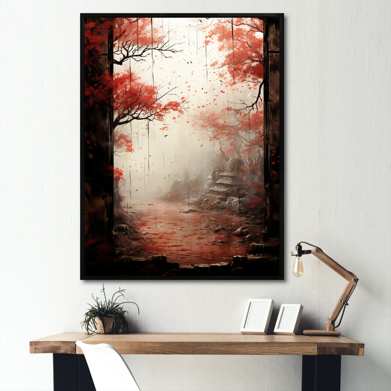«Red Gothic Japon Forest View 1 - Art mural japonais», Cadre flottant noir, H 32 po x l 24 po x P 1 po