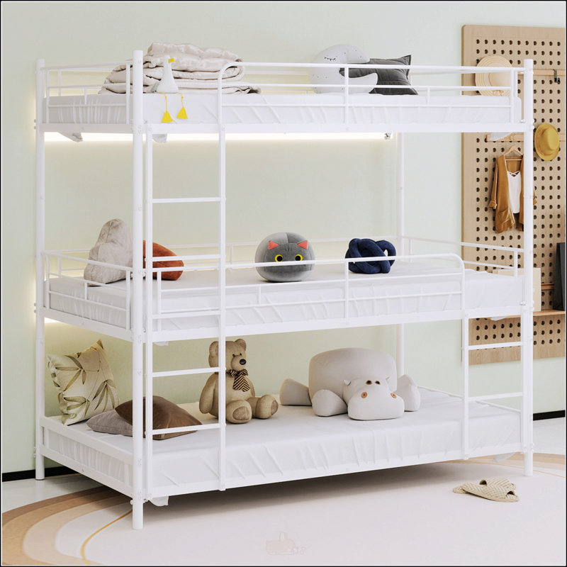 Lit superposé triple robuste avec échelle intégrée, rampe pleine longueur, aucun ressort requis, assemblage facile, idéal pour les chambres à coucher et les dortoirs