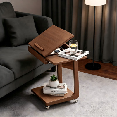 Walnut C-Shaped Solid Wood Edge Table With Wheels, Adjustable Tabletop With Storage Folding Shelves, Can Be Used As A Bedside Table Or TV Tray