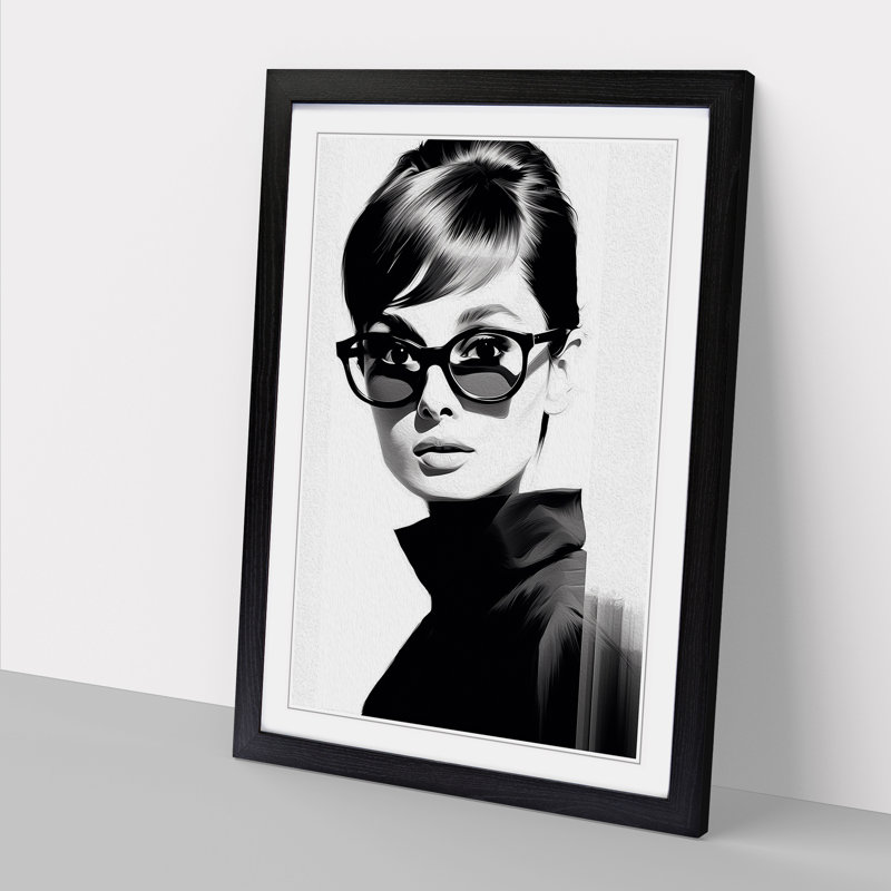 Audrey Hepburn Line - Single Picture Frame Print on Wood, 64cm H x 46cm W x 2cm D, Black
