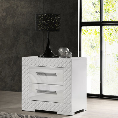 Table de chevet blanche ultra brillante 2 pour chambre à coucher contemporaine.