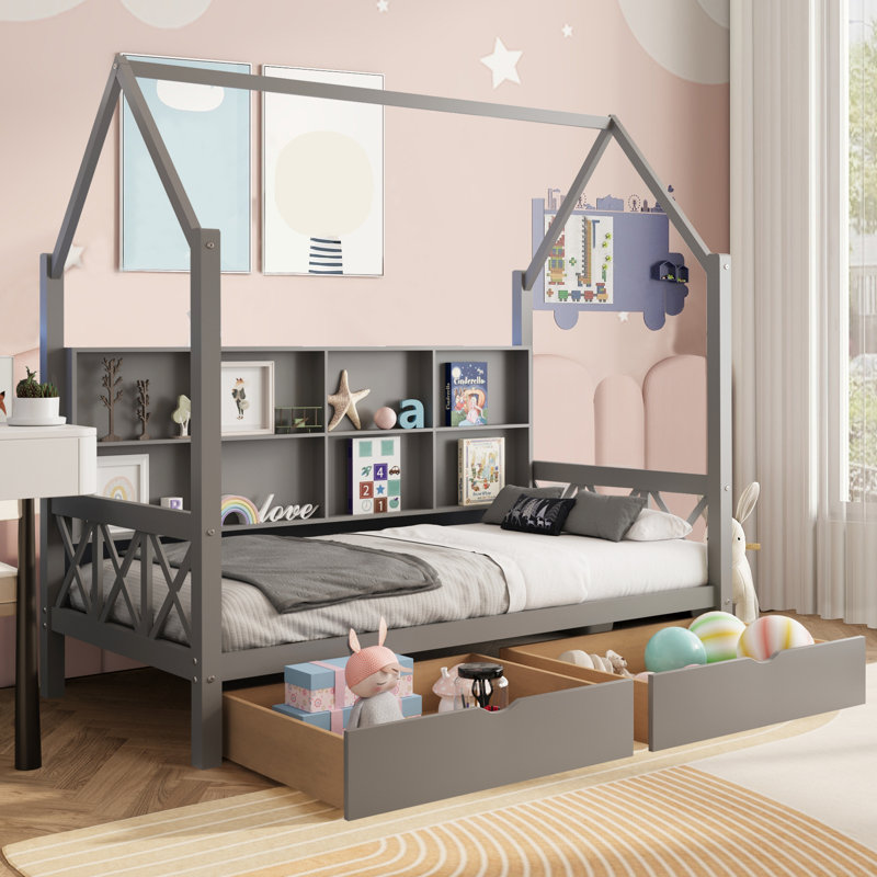 Allurine Children's Bed with Drawers, Gray, Twin