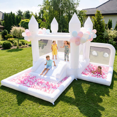 13' x 12.3' White Bounce House with Slide, Dual Ball Pits & Air Blower
