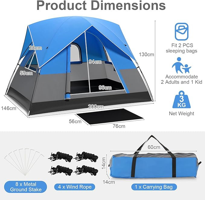 Tente de camping pour 2 personnes imperméable et coupe-vent avec dôme Rainfly