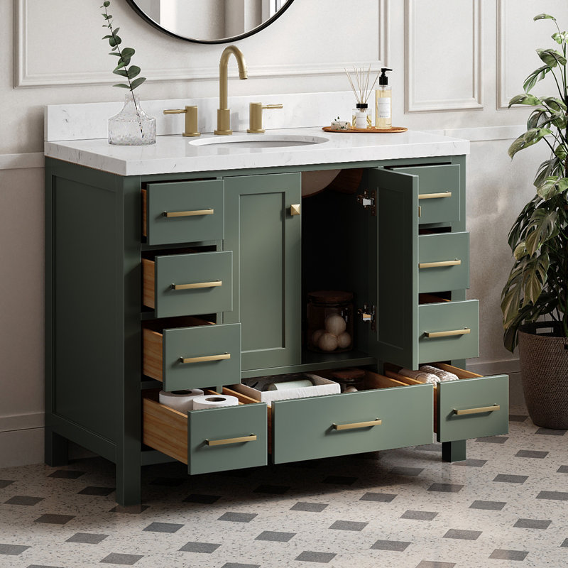 Amariani 42.25'' Single Bathroom Vanity with Carrara Quartz Top, Vintage Green / Satin Brass