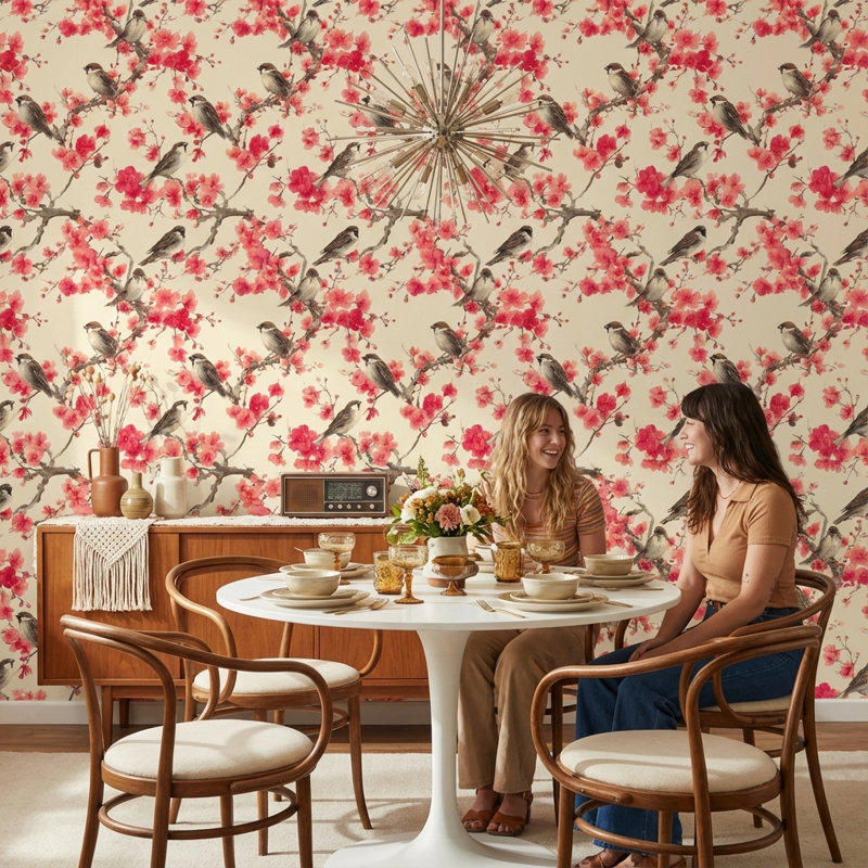 Papier peint floral avec oiseaux et fleurs de cerisier amovibles, Non tissé, non collé