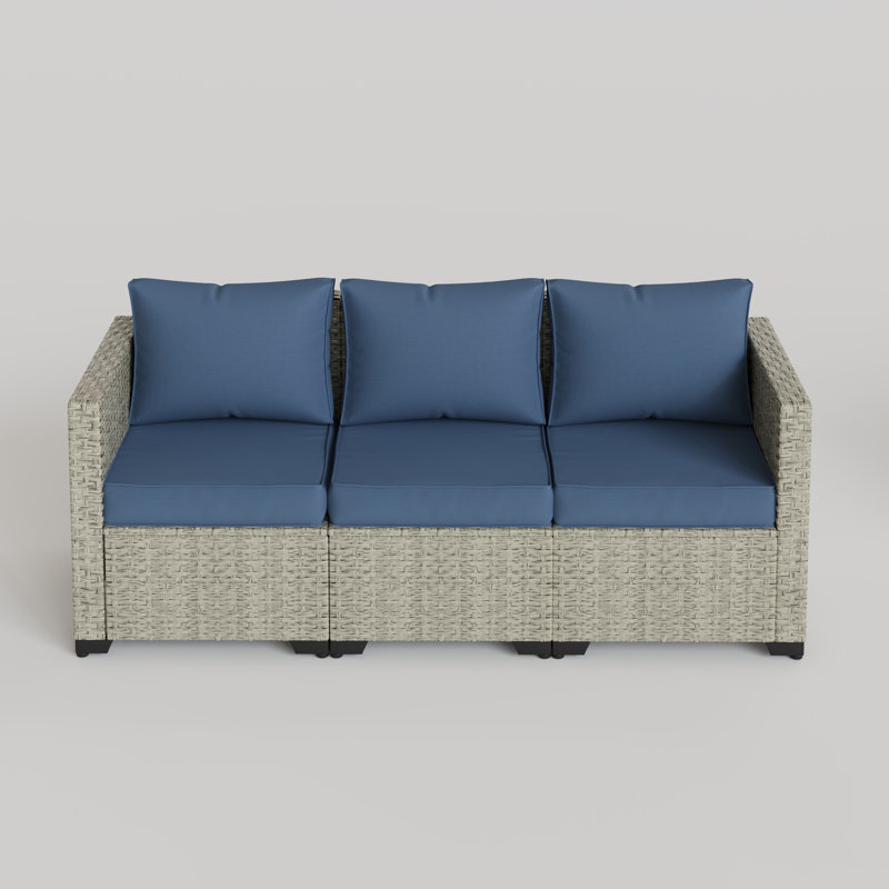 Canapé de patio droit en osier de 79,5 po de largeur avec coussins, Bleu, Gris