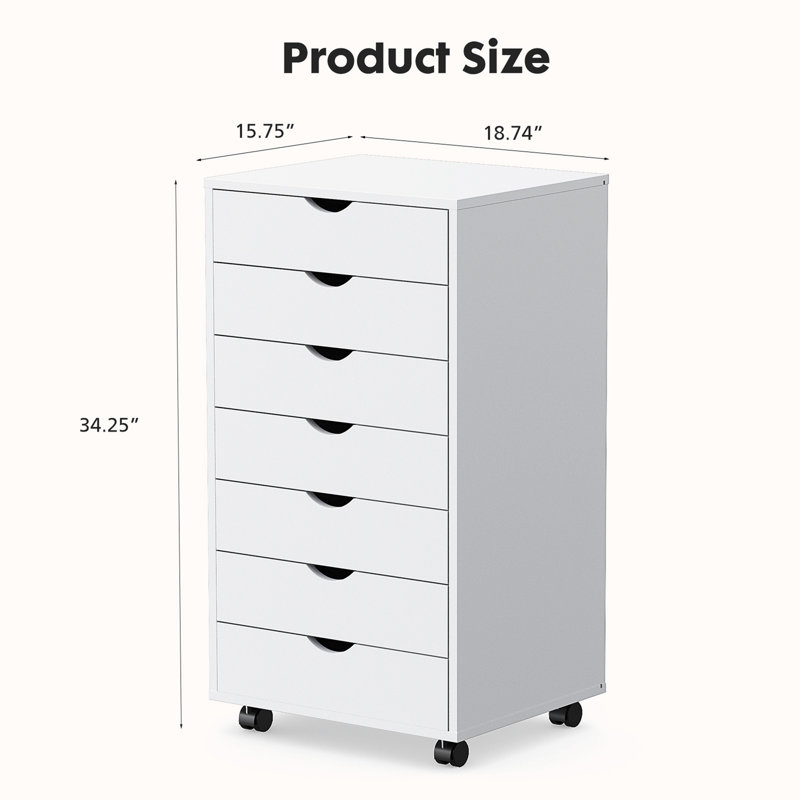 Commode 7 tiroirs, armoire de rangement à roulettes, commode, Blanc