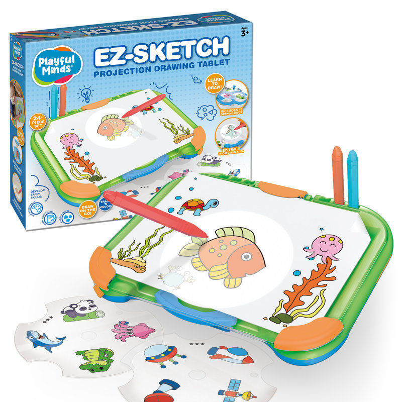 Playful Minds: Tablette de dessin EZ Sketch Projector - Trace & Color Light Art Kit, 64 animaux de dessin animé et images, 6 marqueurs, apprendre à dessiner, enfants 3+