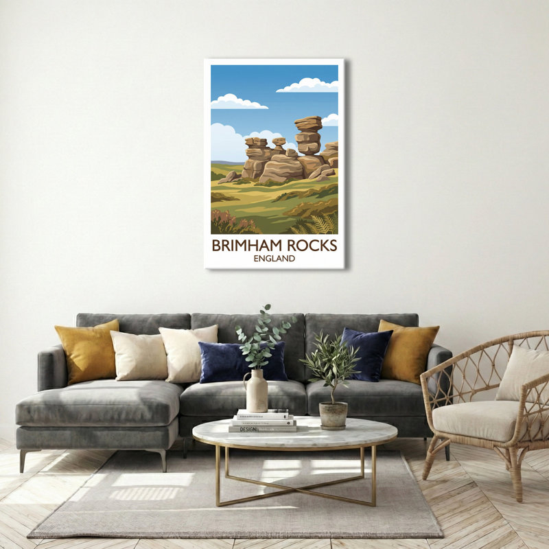 Brimham Rocks, England - Romantic Travel Poster of North Yorkshire's Sculpted Tors. Giclee Print on Wrapped Canvas. Wall Art, Home Decor - Natural Landmarks, England 1 Piece Wrapped Canvas Wall Art