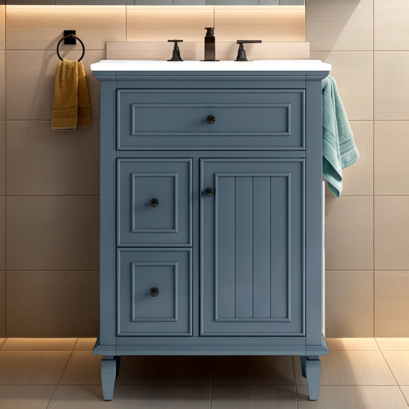 Meuble-lavabo 24 po avec lavabo, meuble-lavabo avec un tiroir rabattable et deux tiroirs, tablette réglable, bois massif et panneau de fibres à densité moyenne