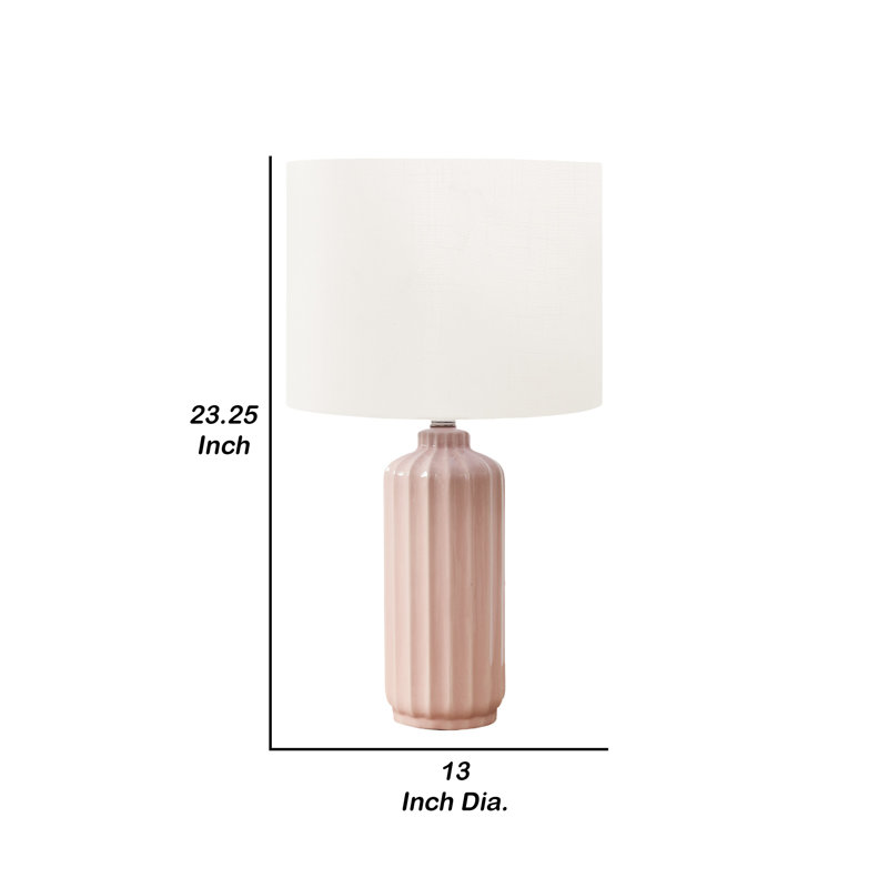 Limy Table Lamp, 23 Inch, Ivory Drum Shade, Ribbed Pink Ceramic Base, Pink
