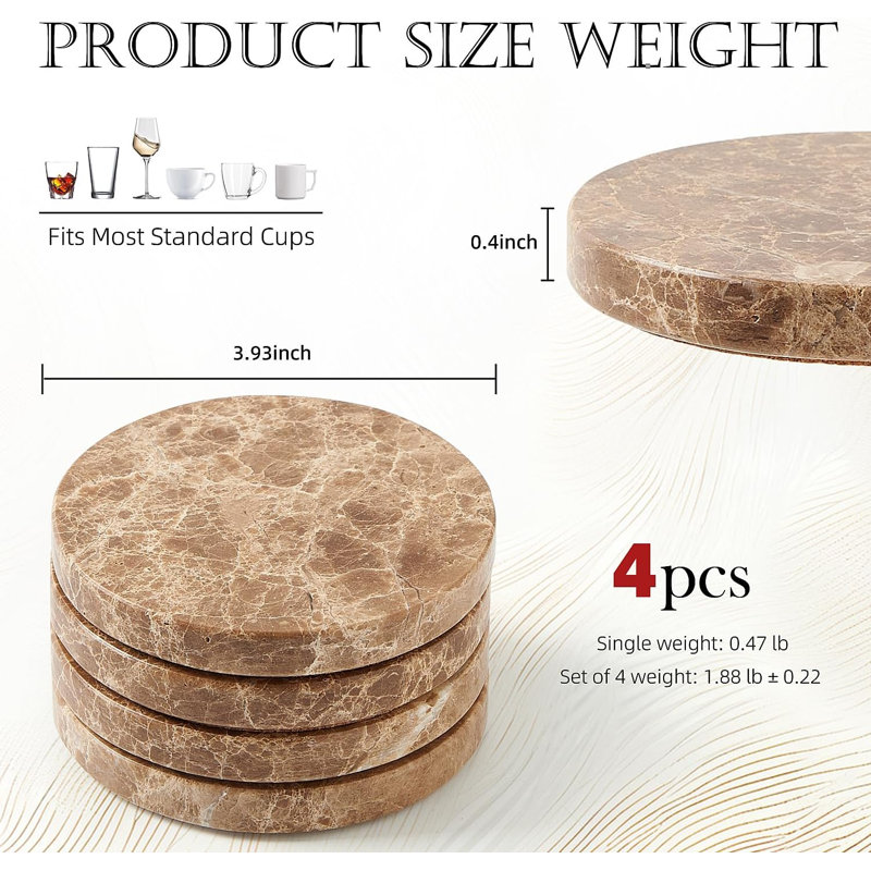 Marble Agate Ceramic Jute Leather Crystal Round 4 Piece Coaster Set