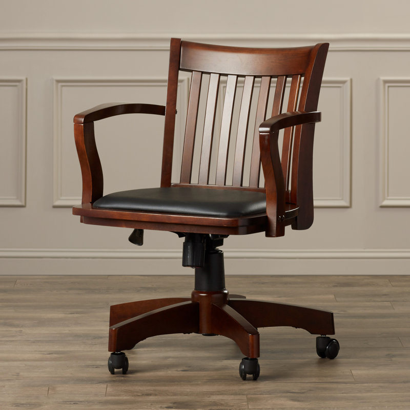 Espresso Wood Banker's Desk Chair with Black Vinyl Seat