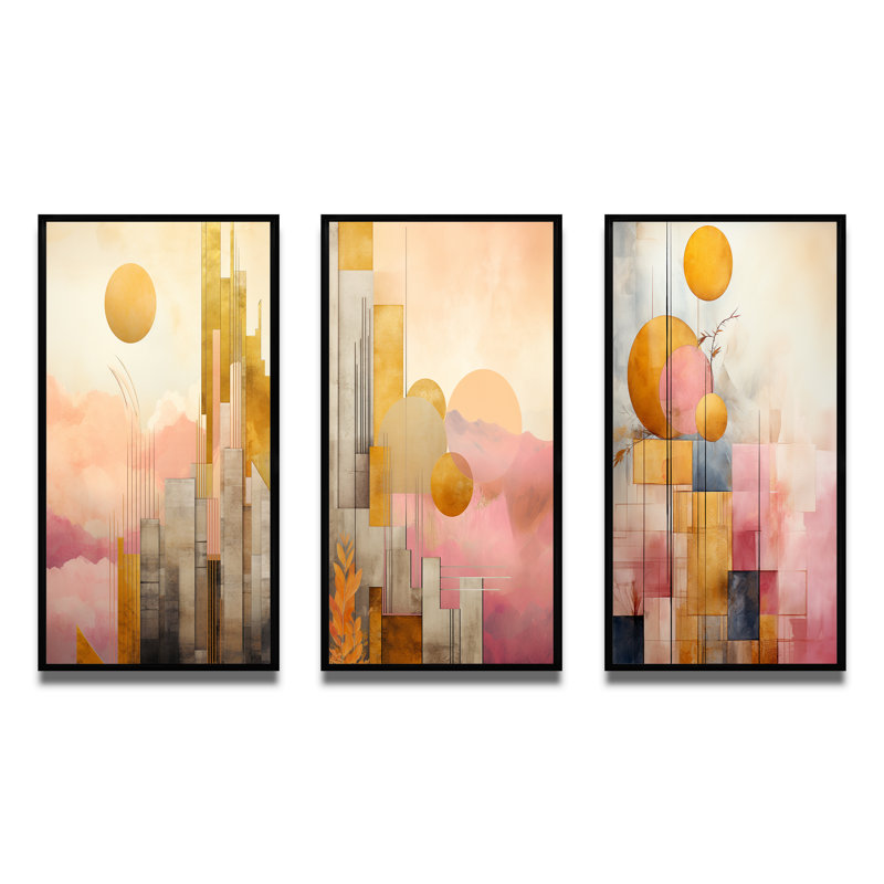 «Golden Moon Dreams Retro Illustration III», 3 pièces, Cadre flottant noir, H 28 po x l 36 po