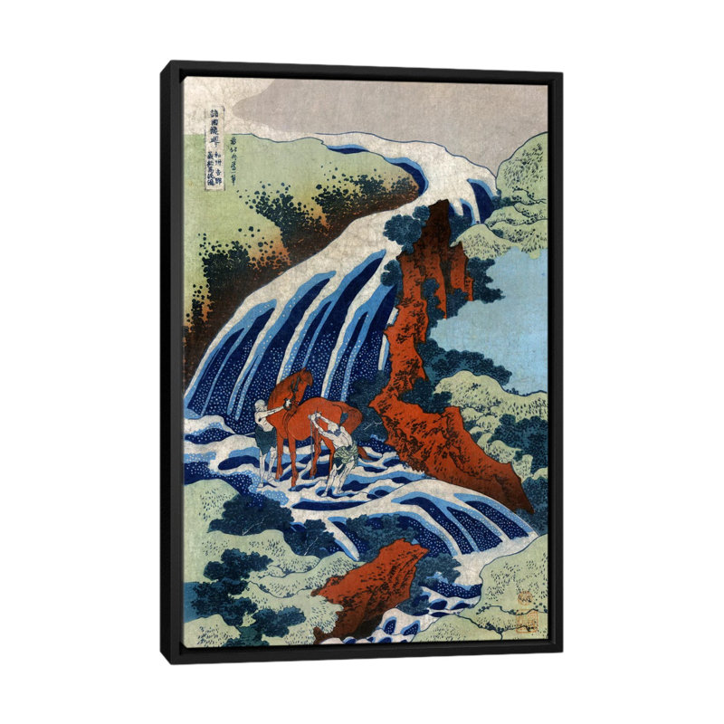 " Washu Yoshino Yoshitsune Uma Arai No Taki " by Katsushika Hokusai, 26" H x 18" W x 1.5" D, Black Framed Canvas, No Mat