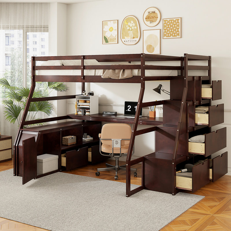 Lit mezzanine double avec 7 tiroirs, 2 tablettes et un bureau, Lit double, Espresso