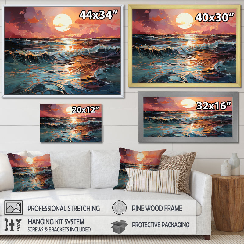 «Coastal Shimmering Tides Pink I», reproduction d'art sur toile, H 34 po x l 44 po x P 1,5 po, Cadre photo blanc