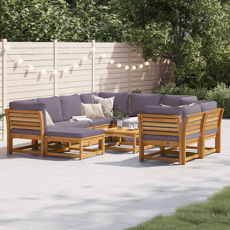  Ensemble de salon de jardin en bois d'acacia naturel, coussins gris foncé