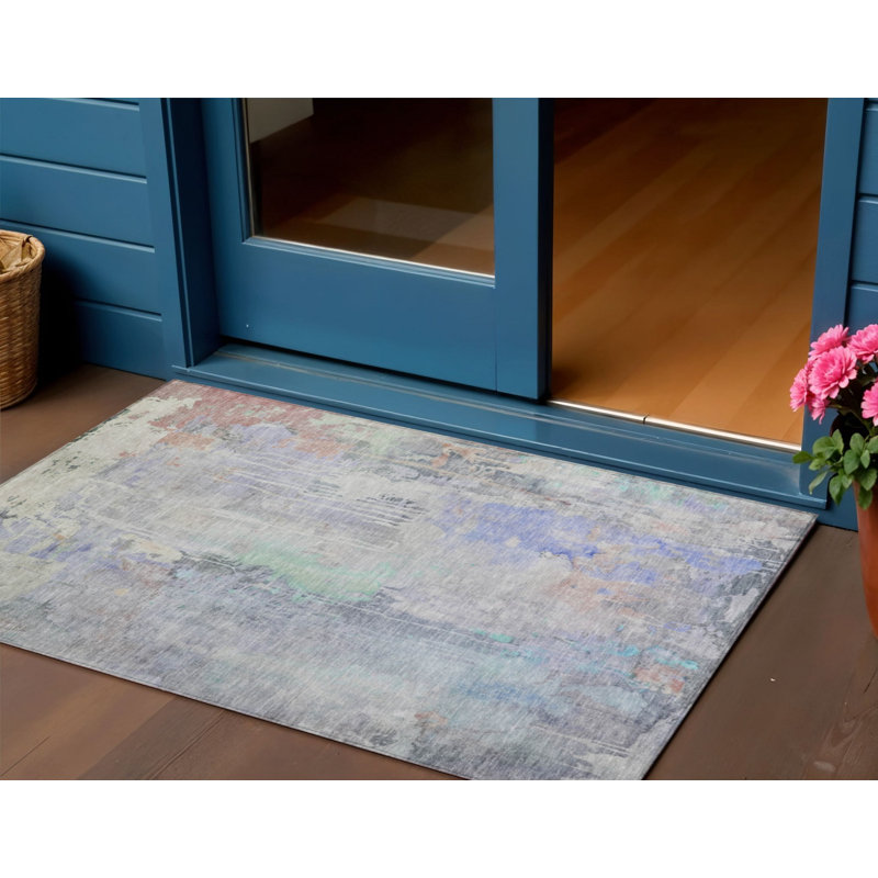 3' X 5' Purple Abstract Washable Indoor Outdoor Area Rug