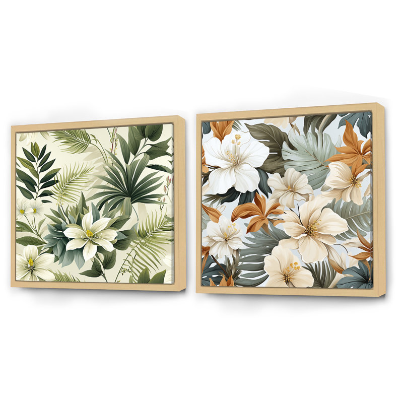 Serene Jungle III - Ensemble de 2 collages carrés floraux et botaniques, Cadre flottant brun, H 30 po x l 61 po
