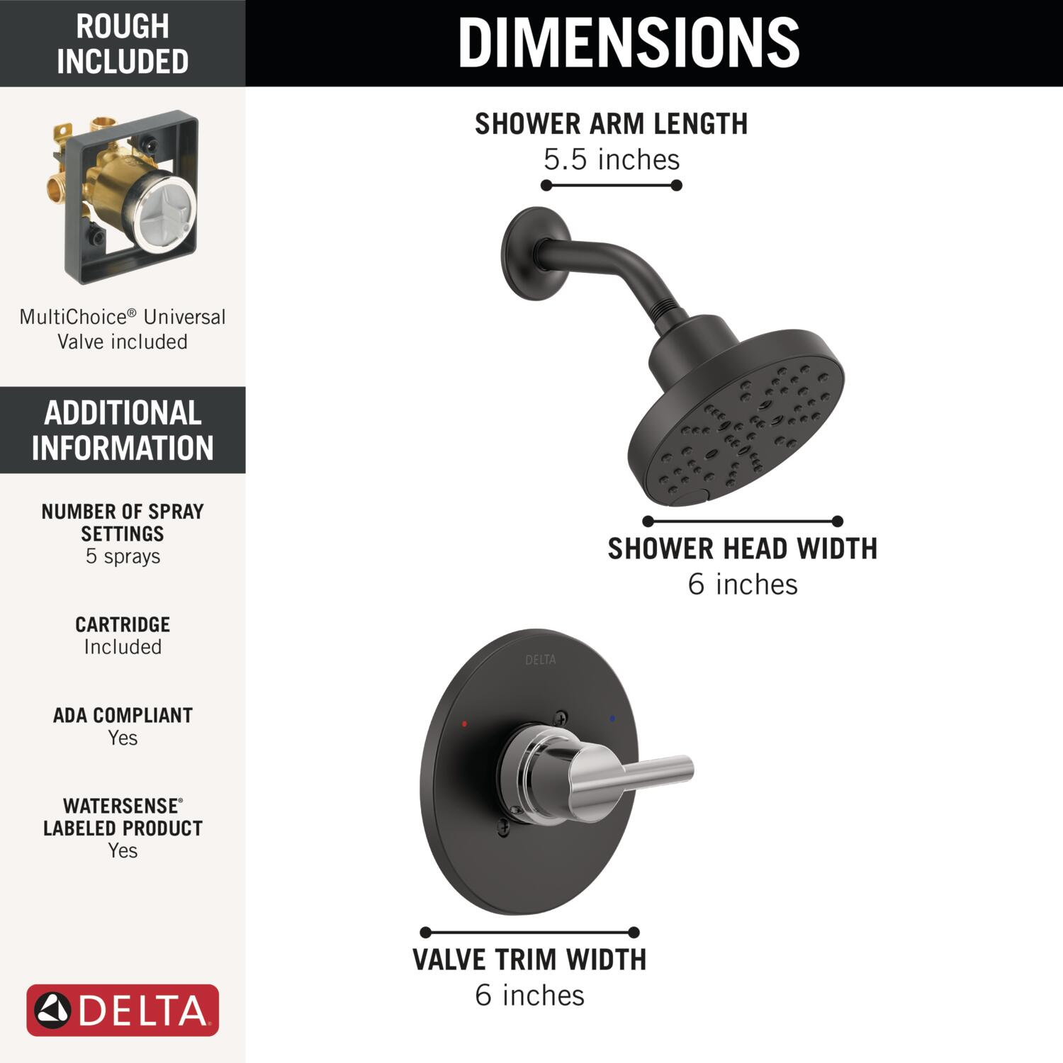 Nicoli Single-Function Shower Faucet Set, Black/Chrome