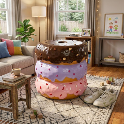 Tabouret en forme de beigne empilé, décoration de table d'appoint colorée représentant un dessert, siège décoratif créatif pour l'intérieur et l'extérieur, idéal pour la terrasse, le jardin ou le salon.