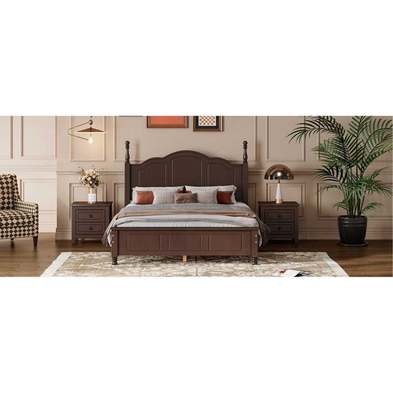 Lit plateforme en bois de noyer foncé en taille double avec un cadre rétro de lattes en bois et un style fiable