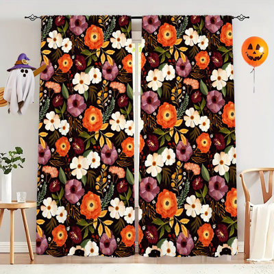 2Pcs Autumn Floral Curtains, Vintage Patterned Flower Privacy For Living Room Bedroom Kitchen Home Decor Rod Pocket Window Drapes,  Light Filtering Treatment Curtain Panels