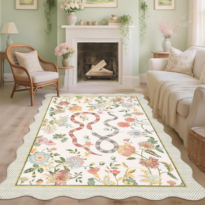 2x6 Kitchen Runner Rug – Soft Non-Shedding Low Pile Farmhouse Floral Carpet with Non-Slip Backing, Stain-Resistant Snake Print Bath Mat