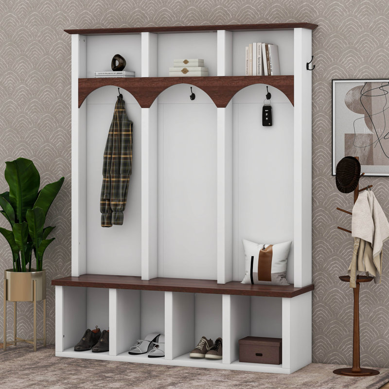 Farmhouse Wooden Hall Tree with Arched Design, 4-in-1 Entryway Storage Bench with 5 Hooks & 7 Cubbies, Rustic Mudroom Shoe Cabinet
