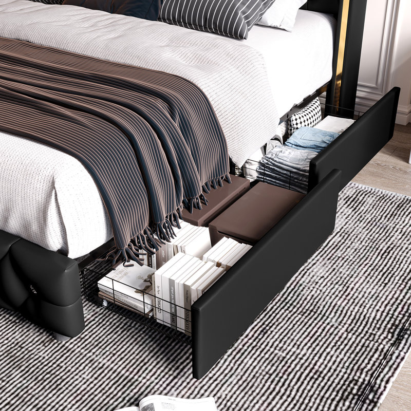 Areyon Upholstered Wingback Storage Bed, King, Black