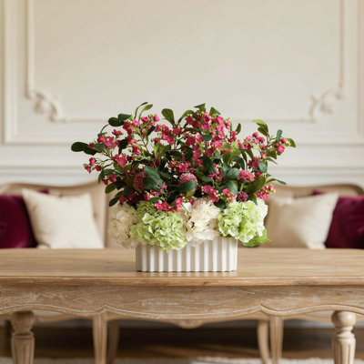Hydrangeas and Dahlias in Pleated Vase