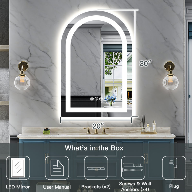 Arch Bathroom LED Mirror with Frontlit & Backlit, Anti Fog Lighted Vanity Mirror with Stepless Dimmable, ETL Listed, IP54 Waterproof, CRI90+, HD Tempered Glass
