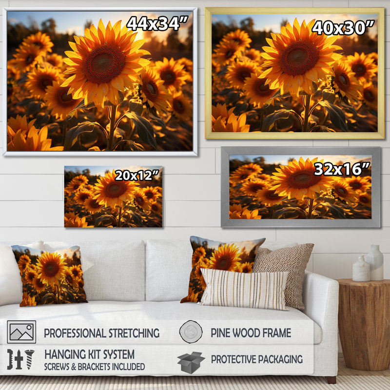 Tournesols orange et tournesols éclairés II, H 30 po x l 40 po x P 1,5 po, Cadre photo blanc