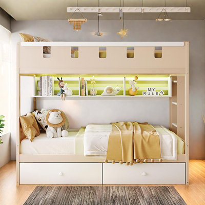 Twin Castle Style Bunk Bed with Drawers, Shelf and LED Light