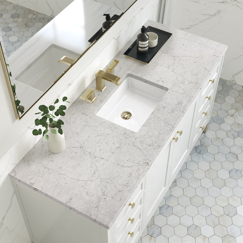 Chicago 60"W Single Vanity W/ Freepower Wireless Charger, Glossy White, Eternal Jasmine Pearl