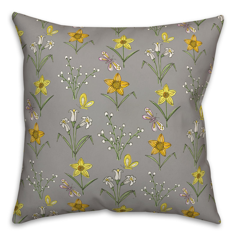  Coussin décoratif floral intérieur / extérieur en polyester, Gris, H 18 po x l 18 po