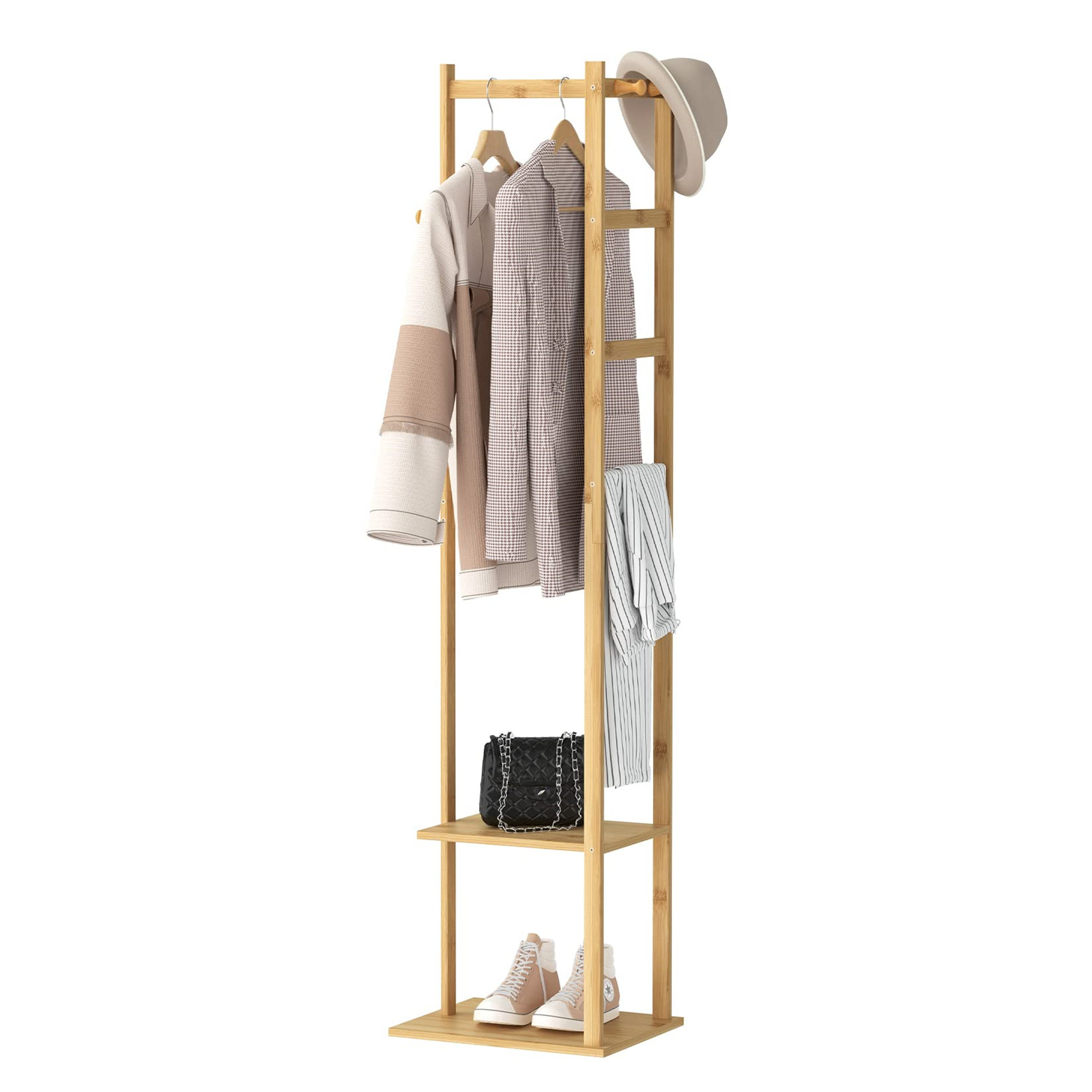 ClearAmbient Bamboo Clothing Rack, Corner Coat Rack Stand Hall