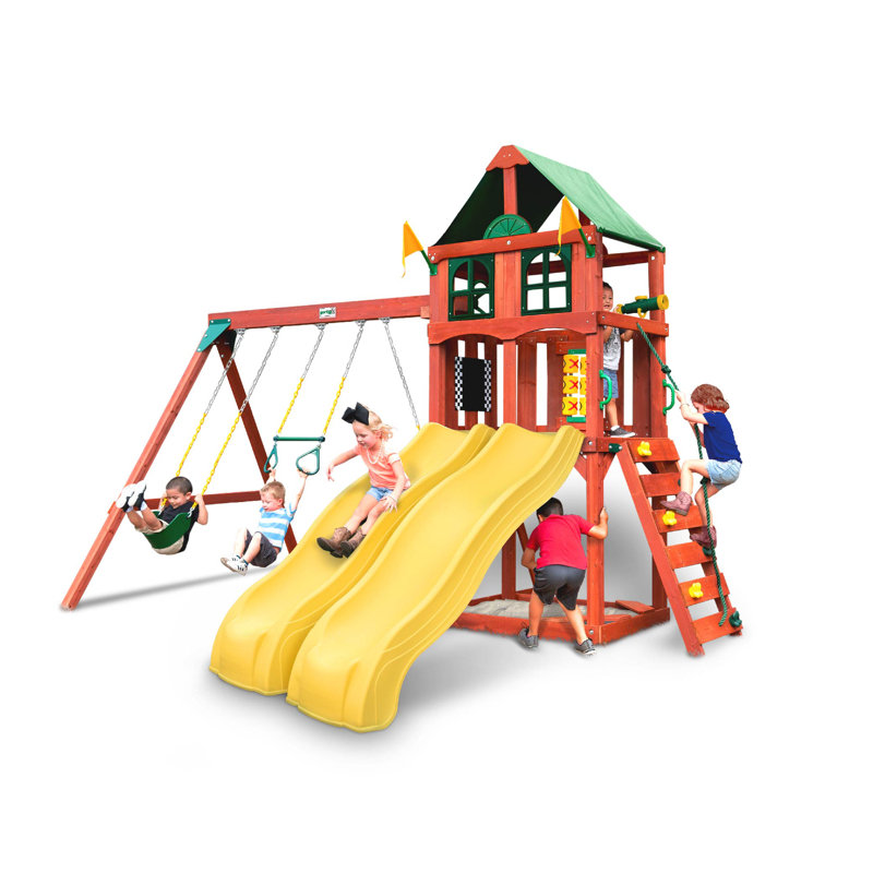 Sweetwater Cedar Wooden Playset with Dual Yellow Slides and Swings