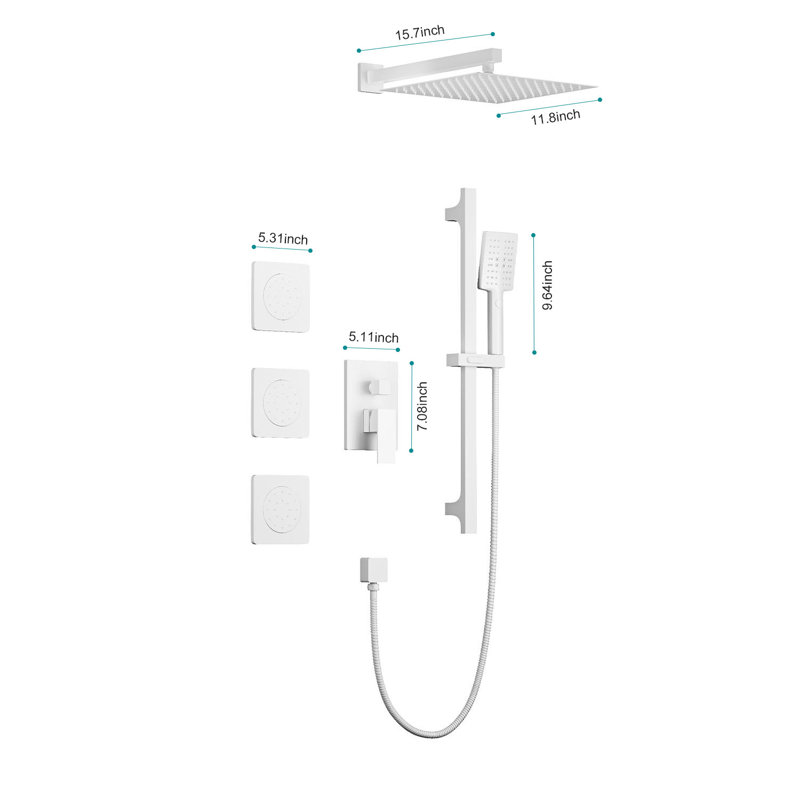 Shower System With Shower Head, Hand Shower, Slide Bar, Bodysprays, Shower Arm, Hose, Valve Trim, And Lever Handles, White