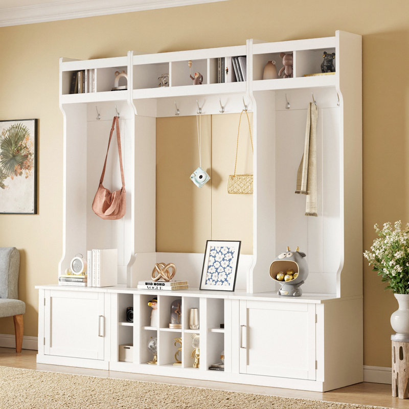 Arbre d'entrée moderne 4-en-1 avec banc, rangement et casiers à chaussures en blanc, Blanc