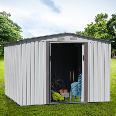8' W x 8' D Outdoor Metal Yard Storage Shed with Large Locking Sliding Door and Tool Storage