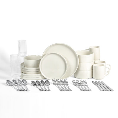 Dining Essential Kit 40-Piece Bundle, Porcelain Dinnerware, Glass Drinkware And Stainless Steel Cutlery