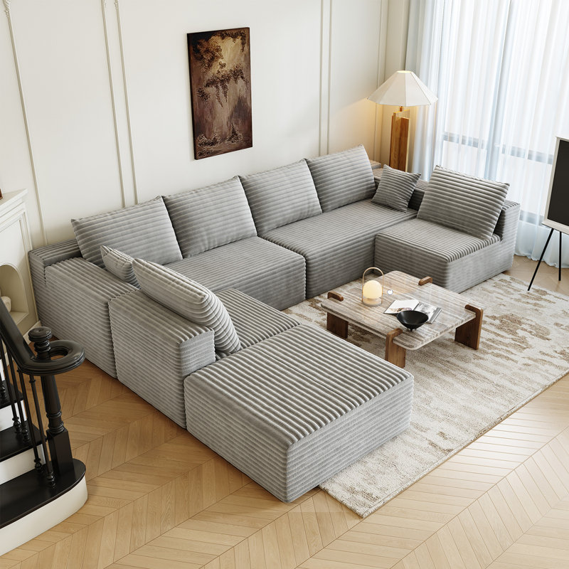 139.4" Modular Sectional Sofa, Oversized U-Shaped Minimalist Couches with 2 Middle Seats and 1 Ottoman Chaise, Modern Deep Seat Convertible Sleeper Sofa, Cloud Plush Corduroy Fabric,7 Seater